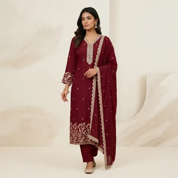 Maroon_Silk_Straight_Embroidered_Kurti_Set_With_Dupatta_For_Women