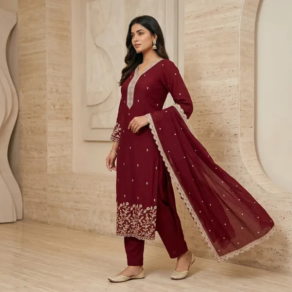 Maroon_Silk_Straight_Embroidered_Kurti_Set_With_Dupatta_For_Women