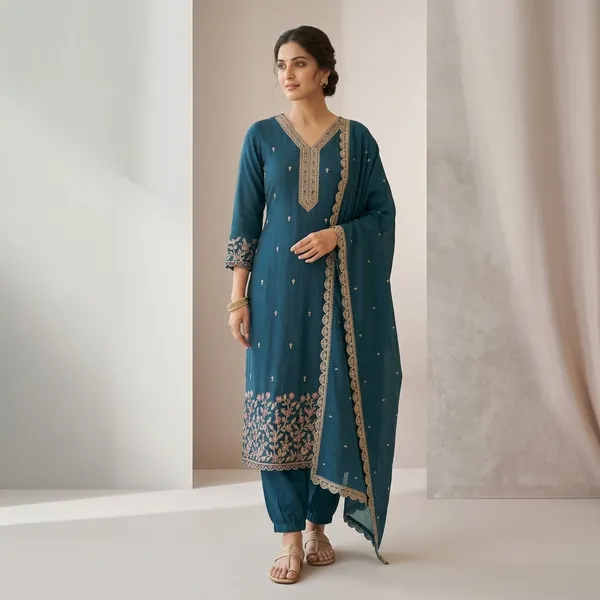 Teal_Blue_Silk_Straight_Embroidered_Kurti_Set_With_Dupatta_For_Women