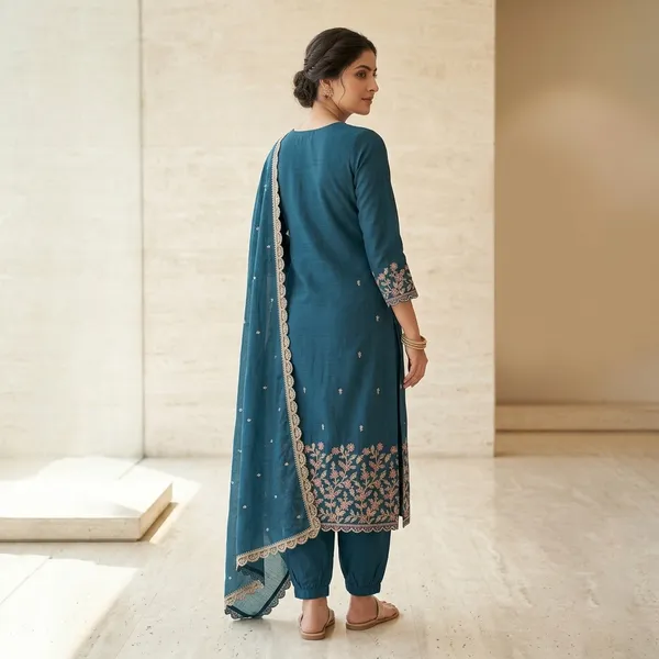 Teal_Blue_Silk_Straight_Embroidered_Kurti_Set_With_Dupatta_For_Women