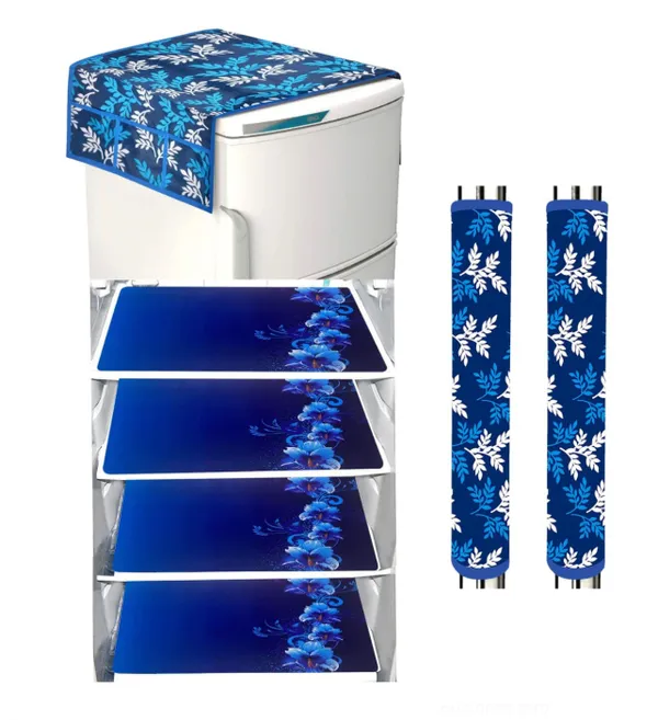 Polyester_Pvc_Leaf_Print_Blue_White_Fridge_Cover_Combo_Set