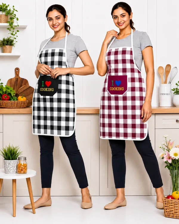 Cotton_Kitchen_Maroon_Black_Check_Kitchen_Apron_Pack_Of_2