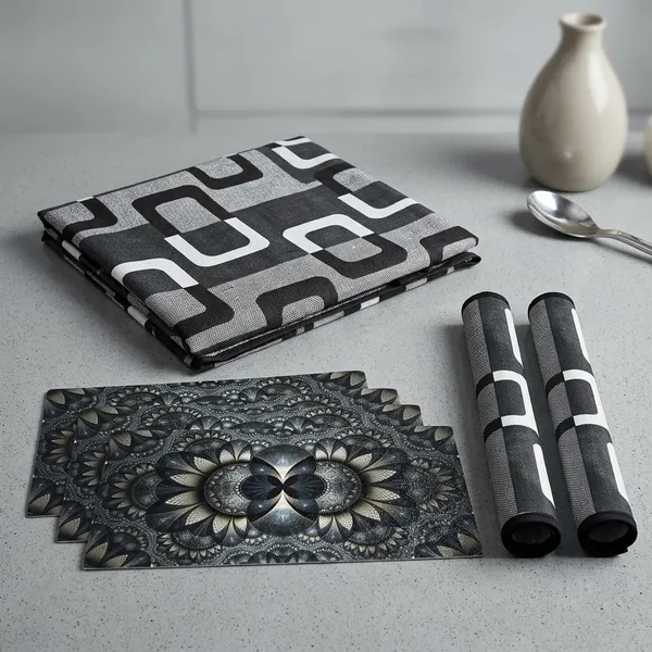 Polyester_Pvc_Black_White_Box_Print_Fridge_Cover_Combo_Set