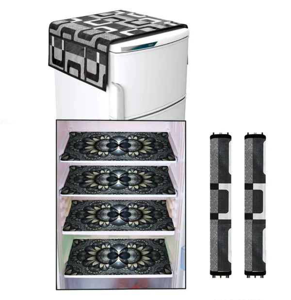 Polyester_Pvc_Black_White_Box_Print_Fridge_Cover_Combo_Set