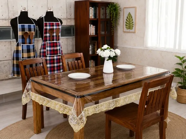 Golden_Lace_Border_Transparent_Dining_Table_Cover_And_Cotton_Check_Print_Multicolour_Kitchen_Apron