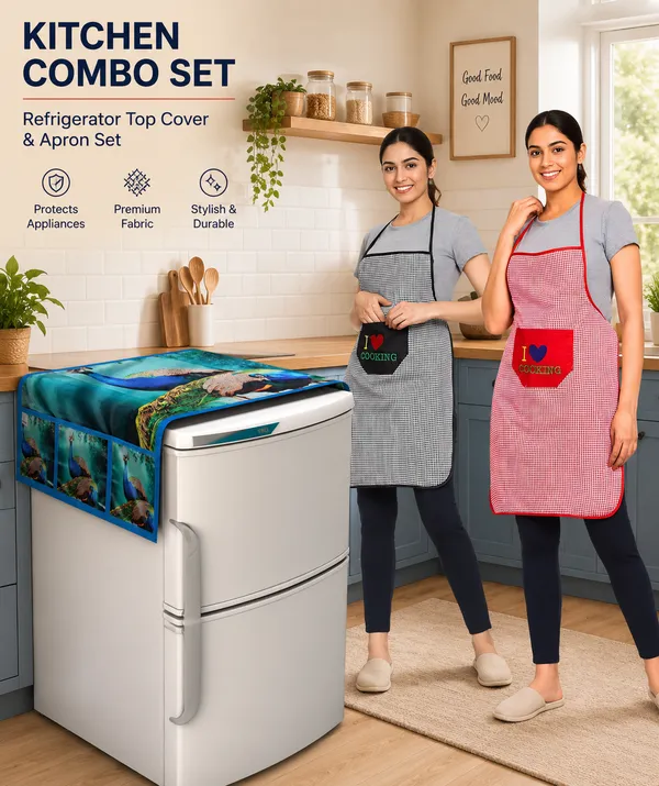 Cotton_Kitchen_Grey_Red_Check_Kitchen_Apron_Pack_Of_2_And_Polyester_Digital_Print_Blue_Fridge_Top_Cover