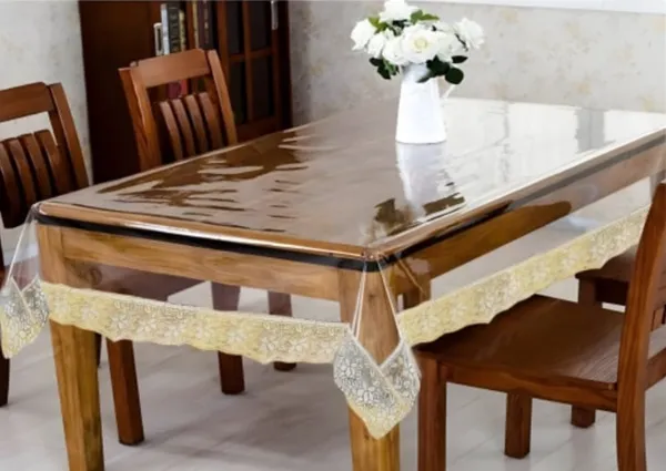 Golden_Lace_Border_Transparent_Dining_Table_Cover_And_Cotton_Check_Print_Multicolour_Kitchen_Apron