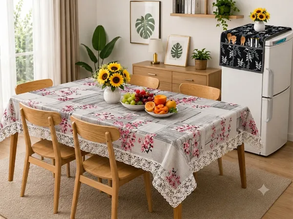 Wooden_Print_White_Pink_Dining_Table_Cover_And_Polyester_Leaf_Print_Black_White_Fridge_Top_Cover