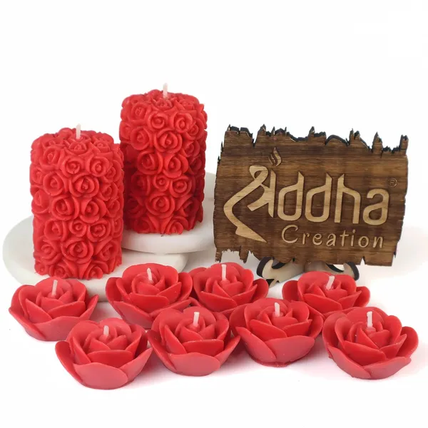 Shraddha_Creation_Scented_Candles_For_Home_Decor,_Rose_Fragrance,_Pillar_Shape_And_Floating_Combo,_Red_Color,_Pack_Of_10,_4_X_7_Centimeters_-_Wax