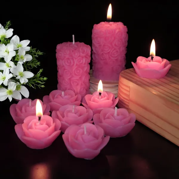 Shraddha_Creation_Wax_Scented_Candles_For_Home_Decor,_Coconut_Blossom_Fragrance,_Pillar_And_Floating_Candles_Combo,_Pink_Colour,_Pack_Of_10,_4_X_7_Cm