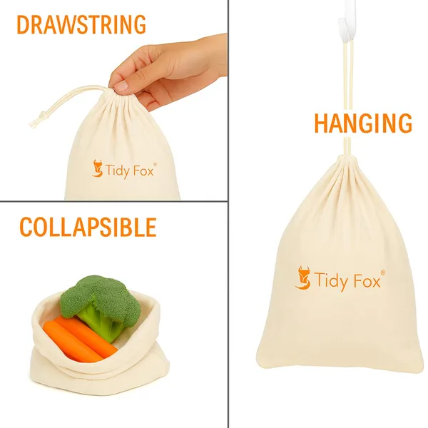 Tidy_Fox_Cotton_Bags_For_Fridge_Vegetable_Storage_/_(Set_Of_12)_/_Drawstring,_Washable_&_Eco-Friendly