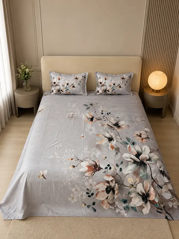 Pure_Cotton_Floral_Print_Grey_Bedsheet_Set_|_King_Size