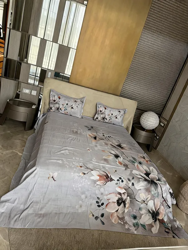 Pure_Cotton_Floral_Print_Grey_Bedsheet_Set_|_King_Size