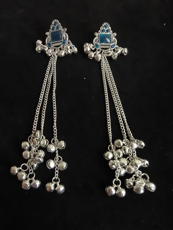 Aarsa_Premium_Oxidised_Silver_Plated_Blue_Stone_Tribal_Tassel_
__Earrings_For_Women_&_Girls_|_Brass_Base_Designer_Ethnic_Boho_
__Long_Drop_Earrings