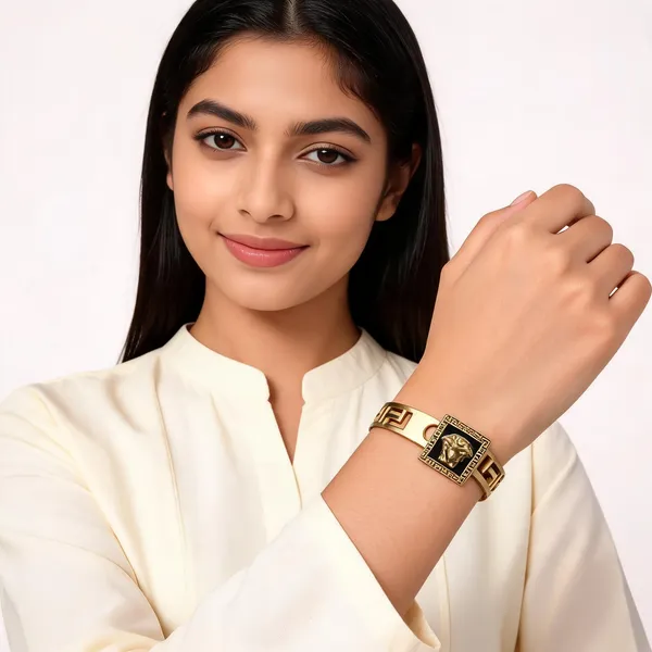 Aarsa_Premium_Micro_Gold_Plated_Brass_Lion_Head_Greek_Key_Bangle_
__Bracelet_For_Women_And_Girls_|_Luxury_Statement_Fashion_Jewellery