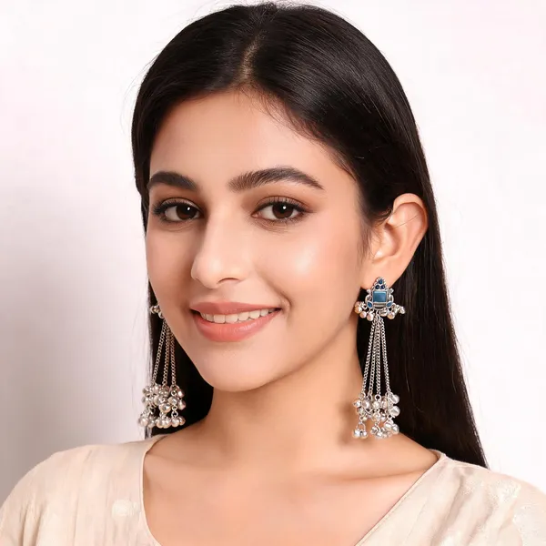 Aarsa_Premium_Oxidised_Silver_Plated_Blue_Stone_Tribal_Tassel_
__Earrings_For_Women_&_Girls_|_Brass_Base_Designer_Ethnic_Boho_
__Long_Drop_Earrings