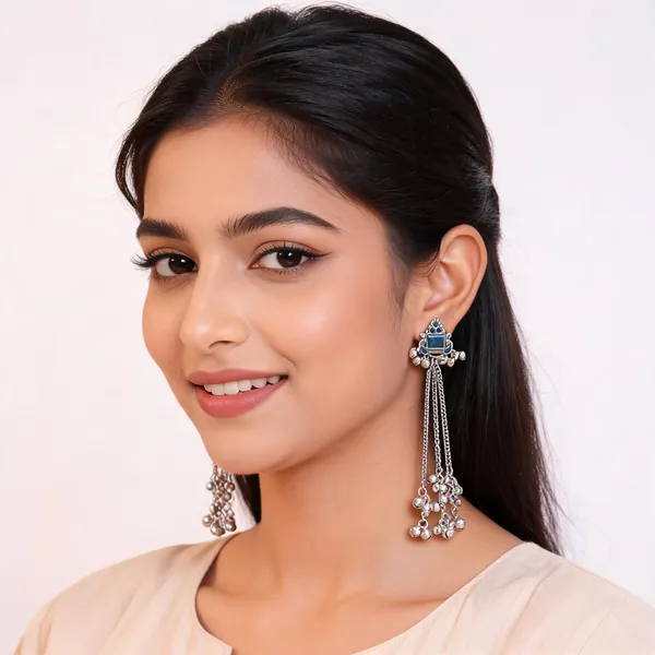 Aarsa_Premium_Oxidised_Silver_Plated_Blue_Stone_Tribal_Tassel_
__Earrings_For_Women_&_Girls_|_Brass_Base_Designer_Ethnic_Boho_
__Long_Drop_Earrings