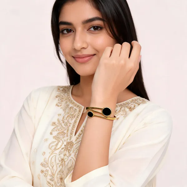 Aarsa_Premium_Micro_Gold_Plated_Black_Enamel_Dual_Disc_Open_
__Cuff_Bracelet_For_Women_And_Girls_|_Minimal_Luxury_Fashion_Jewellery
