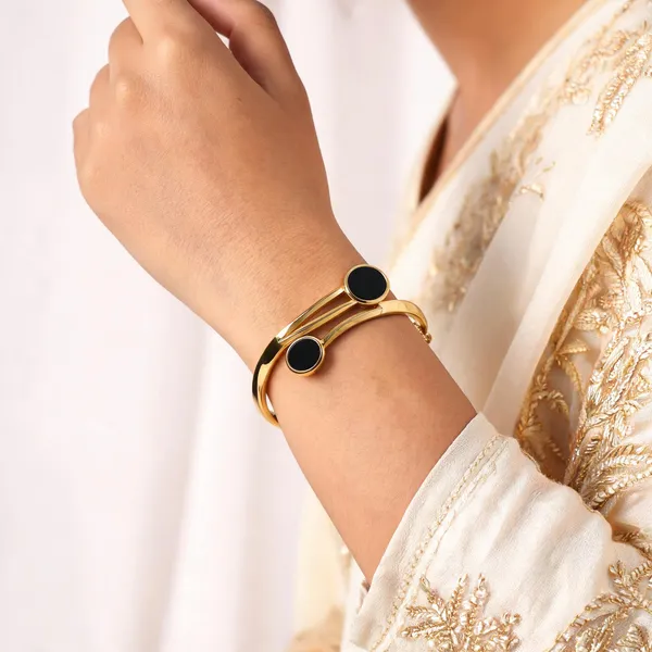 Aarsa_Premium_Micro_Gold_Plated_Black_Enamel_Dual_Disc_Open_
__Cuff_Bracelet_For_Women_And_Girls_|_Minimal_Luxury_Fashion_Jewellery