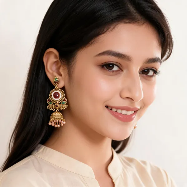Aarsa_Premium_Antique_Gold_Plated_Rajwadi_Pearl_Jhumka_Earrings_
__For_Women_&_Girls_|_Brass_Base_Red_Green_Stone_Designer_Traditional_
__Ethnic_Earrings