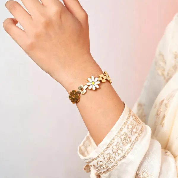 Aarsa_Premium_Micro_Gold_Plated_White_&_Black_Enamel_Daisy_Floral_
__Open_Cuff_Bracelet_For_Women_And_Girls_|_Luxury_Contemporary_
__Fashion_Jewellery