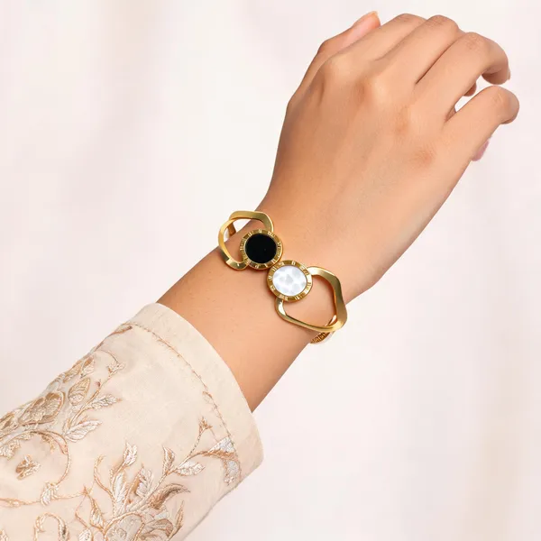 Aarsa_Premium_Micro_Gold_Plated_Dual_Black_&_White_Mother_Of_
__Pearl_Open_Cuff_Bracelet_For_Women_And_Girls_|_Luxury_Geometric_
__Fashion_Jewellery