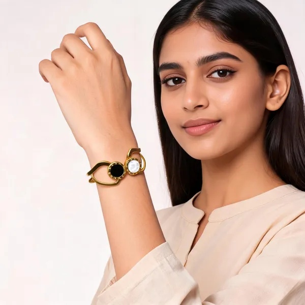 Aarsa_Premium_Micro_Gold_Plated_Dual_Black_&_White_Mother_Of_
__Pearl_Open_Cuff_Bracelet_For_Women_And_Girls_|_Luxury_Geometric_
__Fashion_Jewellery