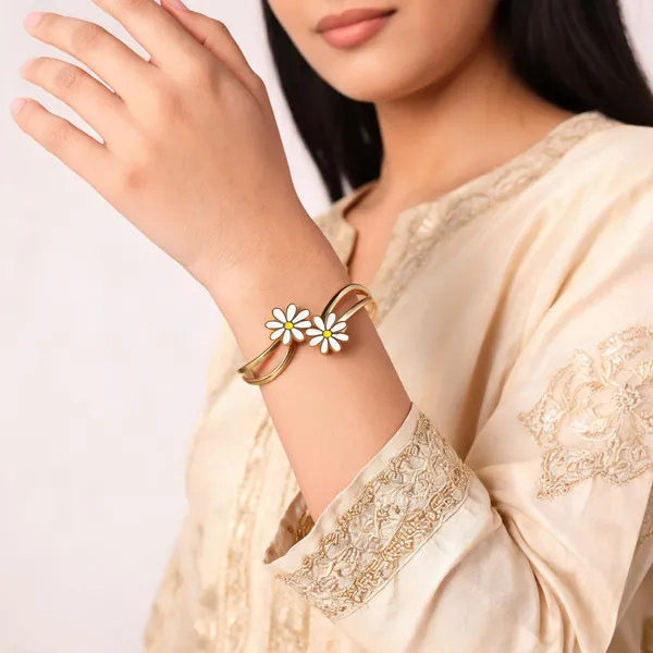 Aarsa_Premium_Micro_Gold_Plated_Dual_White_Enamel_Daisy_Flower_
__Open_Cuff_Bracelet_For_Women_And_Girls_|_Luxury_Floral_Fashion_
__Jewellery