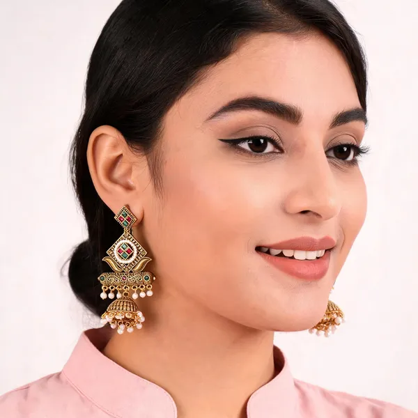 Aarsa_Premium_Antique_Gold_Plated_Rajwadi_Pearl_Jhumka_Earrings_
__For_Women_&_Girls_|_Brass_Base_Red_Green_Stone_Designer_Traditional_
__Ethnic_Earrings