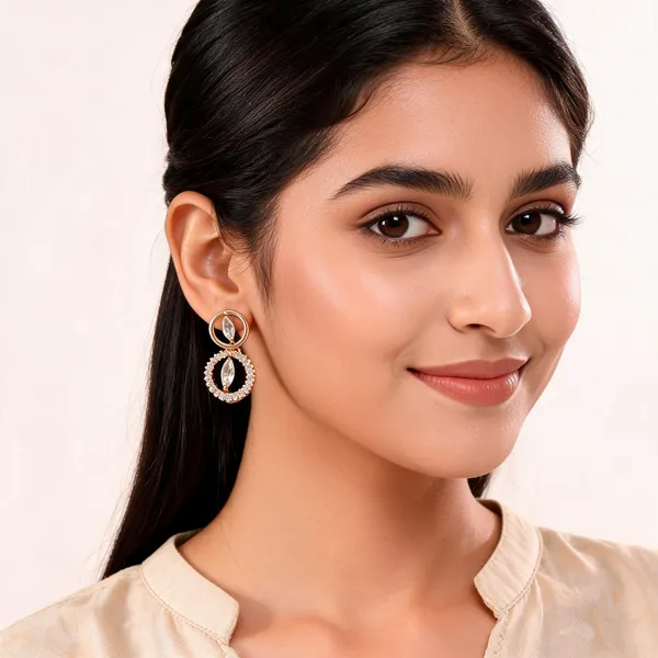 Aarsa_Premium_Rose_Gold_Plated_Double_Circle_Cz_Drop_Stud_Earrings_
__For_Women_&_Girls_|_Brass_Base_Designer_Geometric_Earrings_For_Daily,_
__Office_&_Party_Wear
