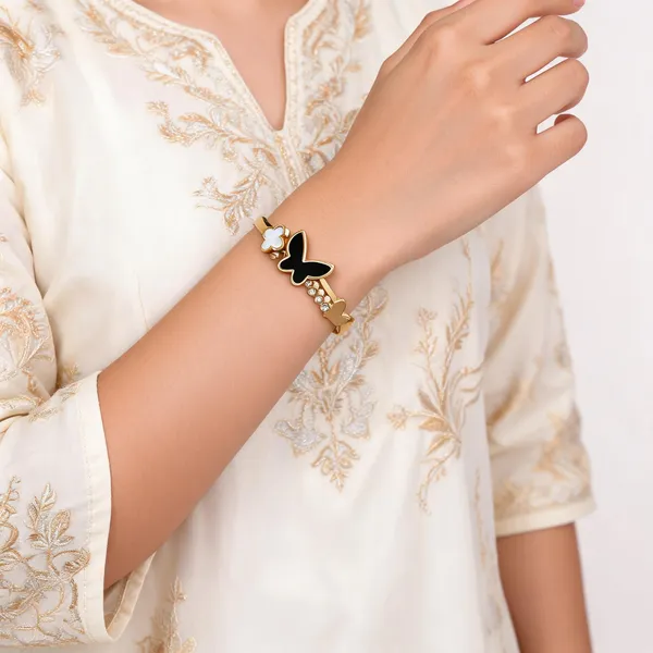 Aarsa_Premium_Micro_Gold_Plated_Black_Butterfly_Clover_Crystal_
__Open_Cuff_Bracelet_For_Women_And_Girls_|_Luxury_Contemporary_
__Jewellery