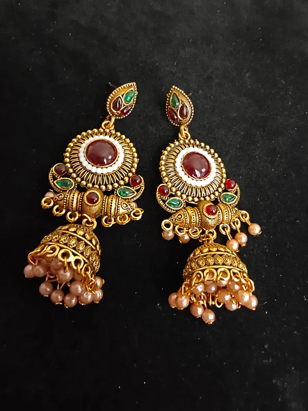 Aarsa_Premium_Antique_Gold_Plated_Rajwadi_Pearl_Jhumka_Earrings_
__For_Women_&_Girls_|_Brass_Base_Red_Green_Stone_Designer_Traditional_
__Ethnic_Earrings