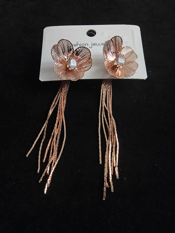 Aarsa_Premium_Rose_Gold_Plated_Korean_Style_Floral_Tassel_Drop_
__Earrings_For_Women_&_Girls_|_Stainless_Steel_Cz_Designer_Party_
__Wear_Earrings
