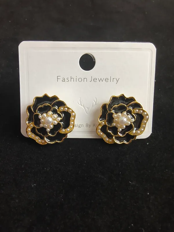 Aarsa_Premium_Gold_Plated_Korean_Style_Black_Rose_Pearl_Stud_
__Earrings_For_Women_&_Girls_|_Stainless_Steel_Floral_Earrings