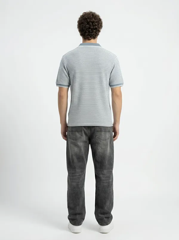 Steel_Grey_&_White_Coastline_Striped_Knit_Polo_With_Zip_T-Shirt_For_Men