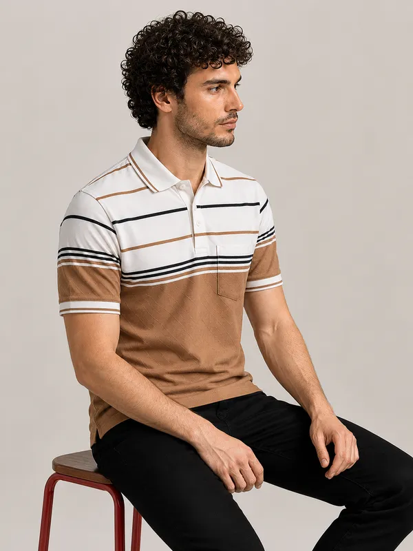 Tan_&_White_Striped_Diamond_Jacquard_Polo_T-Shirt_For_Men
