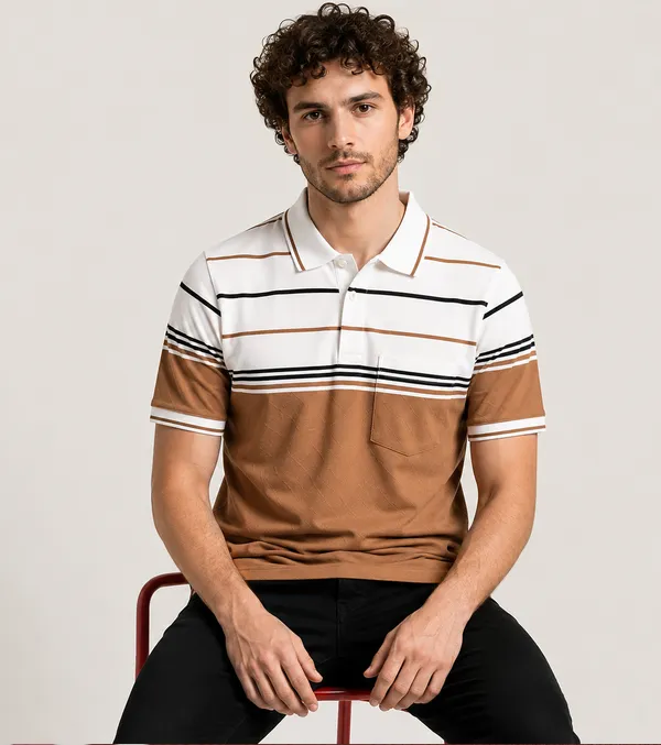 Tan_&_White_Striped_Diamond_Jacquard_Polo_T-Shirt_For_Men