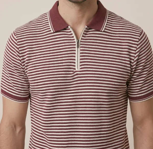 Brick_Red_&_White_Coastline_Striped_Knit_Polo_With_Zip_T-Shirt_For_Men