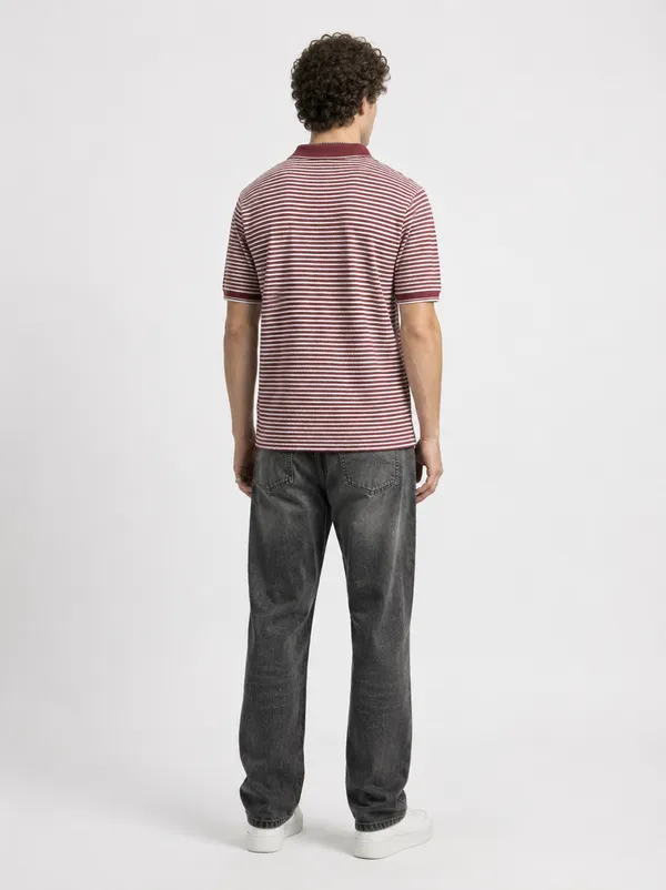 Brick_Red_&_White_Coastline_Striped_Knit_Polo_With_Zip_T-Shirt_For_Men