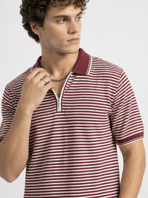 Brick_Red_&_White_Coastline_Striped_Knit_Polo_With_Zip_T-Shirt_For_Men
