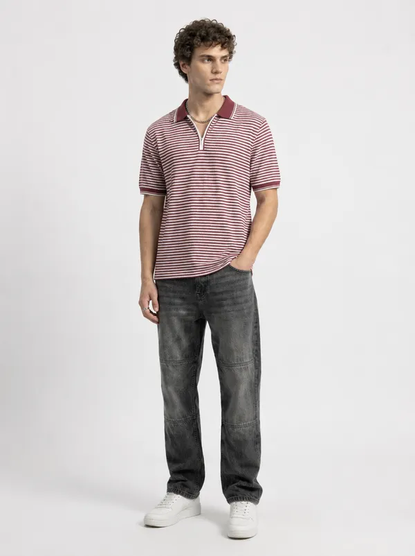 Brick_Red_&_White_Coastline_Striped_Knit_Polo_With_Zip_T-Shirt_For_Men