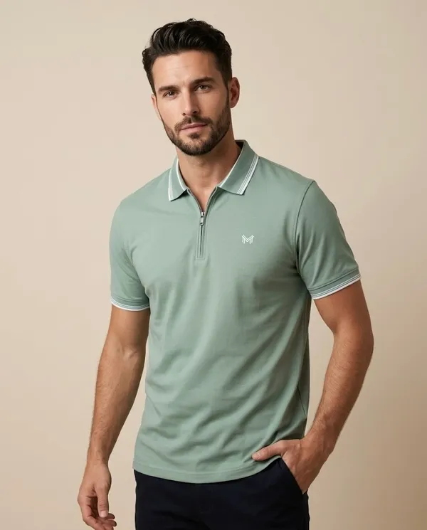 Seafoam_Green_Cotton_Tipped_Polo_Shirt_With_Zip_T-Shirt_For_Men