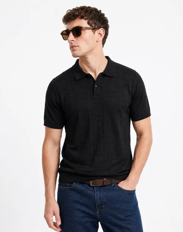 Black_Offset_Grid_Knitted_Polo