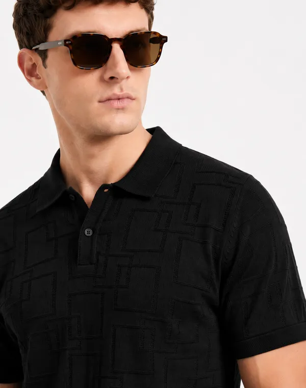 Black_Offset_Grid_Knitted_Polo