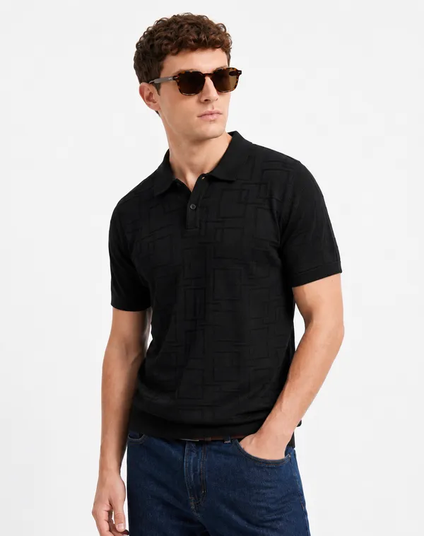 Black_Offset_Grid_Knitted_Polo