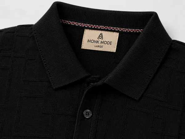 Black_Offset_Grid_Knitted_Polo