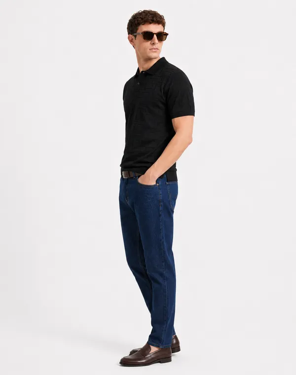 Black_Offset_Grid_Knitted_Polo