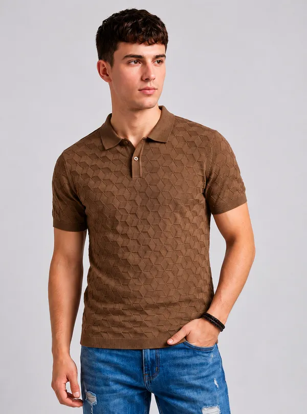 Brown_100%_Cotton_Knitted_Prism_Petal_Polo