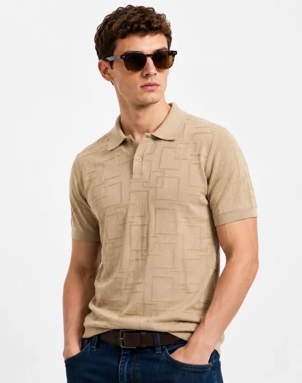 Desert_Beige_Offset_Grid_Knitted_Polo