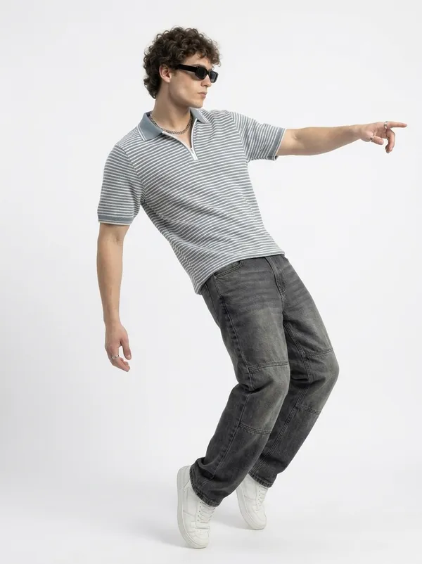 Steel_Grey_&_White_Coastline_Striped_Knit_Polo_With_Zip_T-Shirt_For_Men